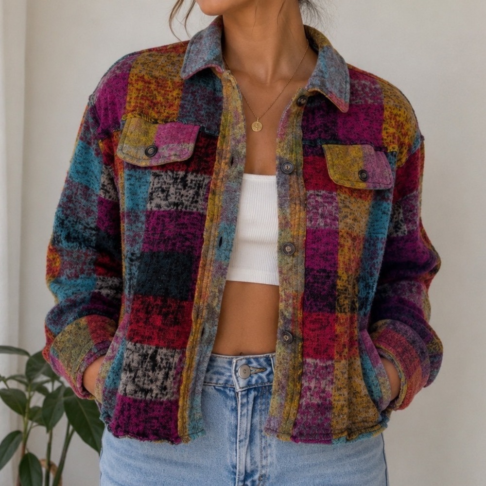 BiBi Multi Color Patchwork Plaid Shacket Boho Knit Button Down Jacket Small‎ dd